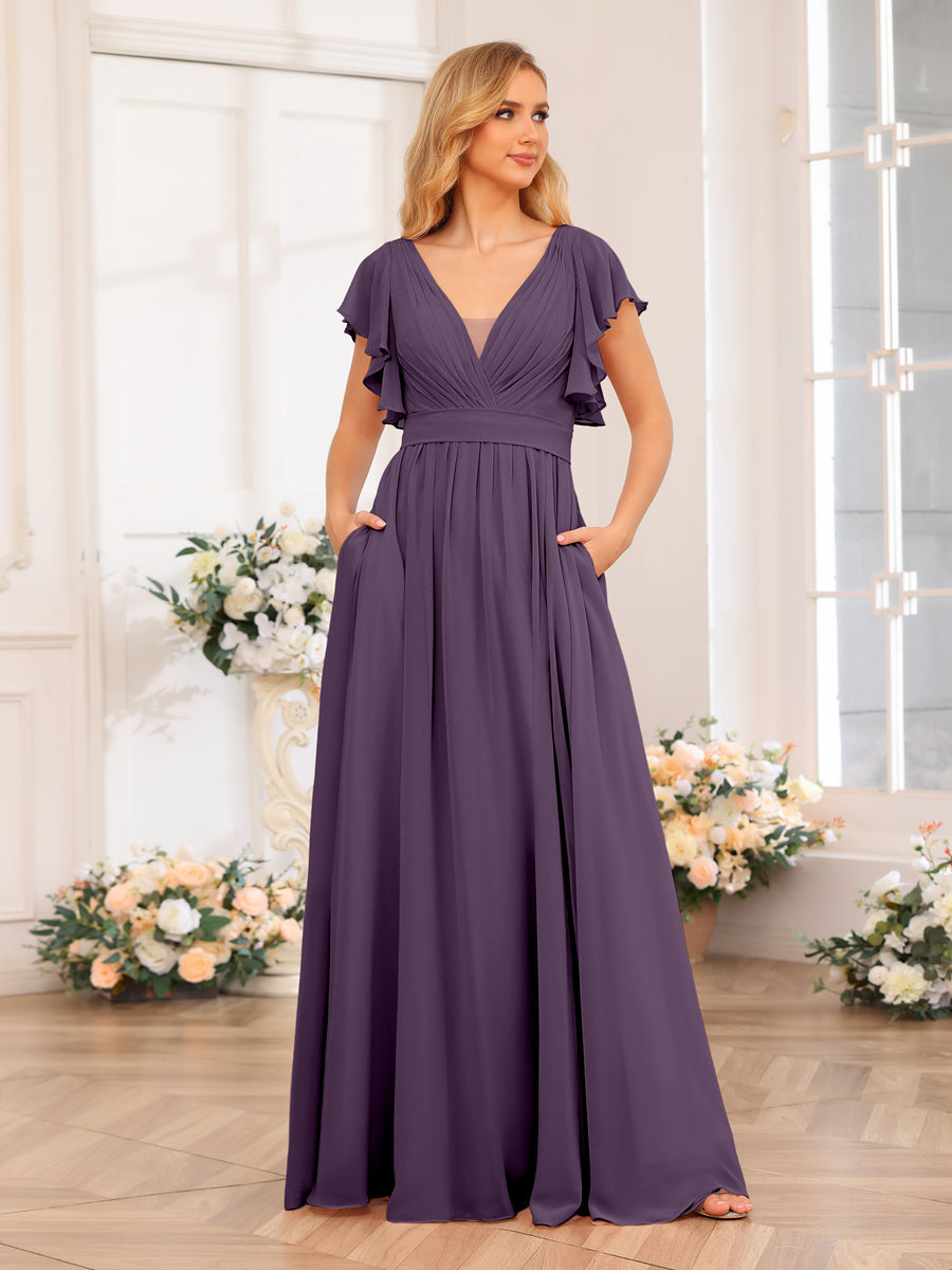 A-Line/Princess V-Neck Long Wedding Party Dresses with Split Side &amp; Pockets