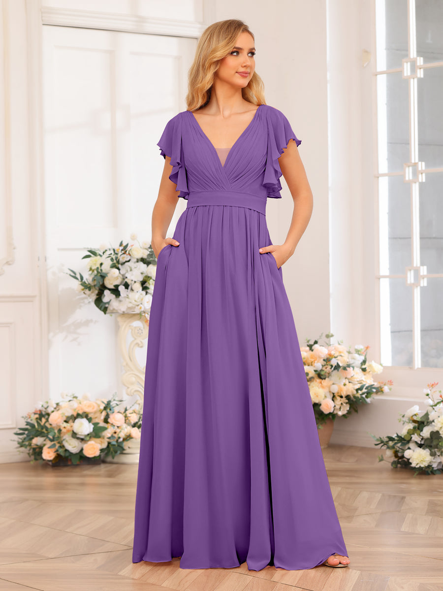 A-Line/Princess V-Neck Long Wedding Party Dresses with Split Side &amp; Pockets