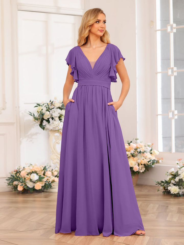 A-Line/Princess V-Neck Long Wedding Party Dresses with Split Side &amp; Pockets