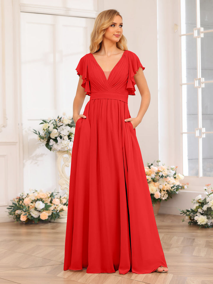 A-Line/Princess V-Neck Long Wedding Party Dresses with Split Side &amp; Pockets