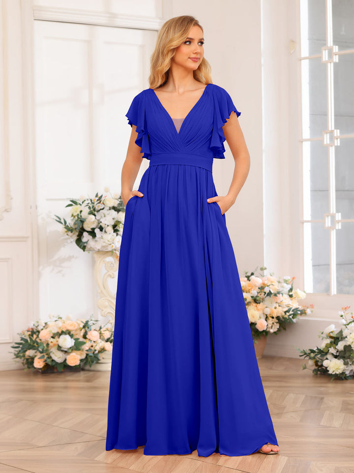 A-Line/Princess V-Neck Long Wedding Party Dresses with Split Side &amp; Pockets