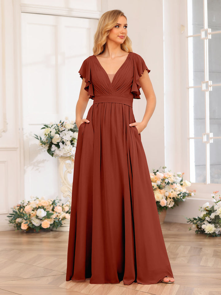 A-Line/Princess V-Neck Long Wedding Party Dresses with Split Side &amp; Pockets