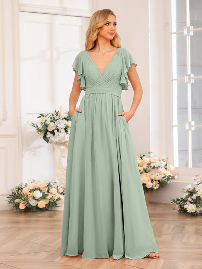 A-Line/Princess V-Neck Long Wedding Party Dresses with Split Side & Pockets