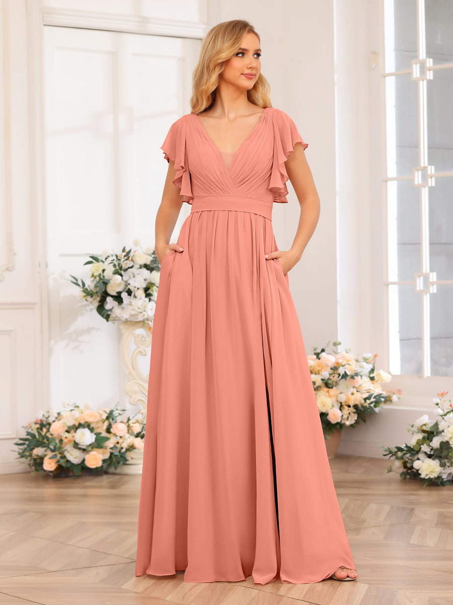 A-Line/Princess V-Neck Long Wedding Party Dresses with Split Side &amp; Pockets