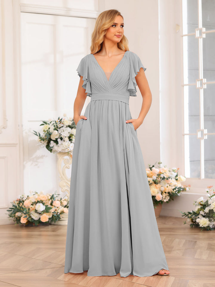 A-Line/Princess V-Neck Long Wedding Party Dresses with Split Side &amp; Pockets