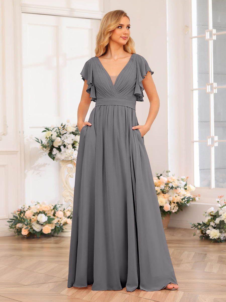 A-Line/Princess V-Neck Long Wedding Party Dresses with Split Side &amp; Pockets