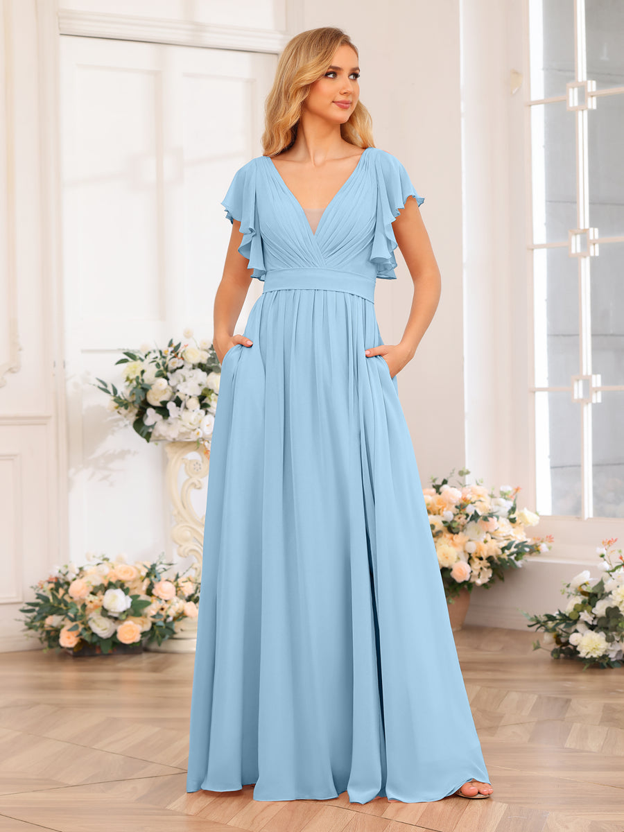 A-Line/Princess V-Neck Long Wedding Party Dresses with Split Side & Pockets