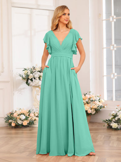 A-Line/Princess V-Neck Long Wedding Party Dresses with Split Side & Pockets