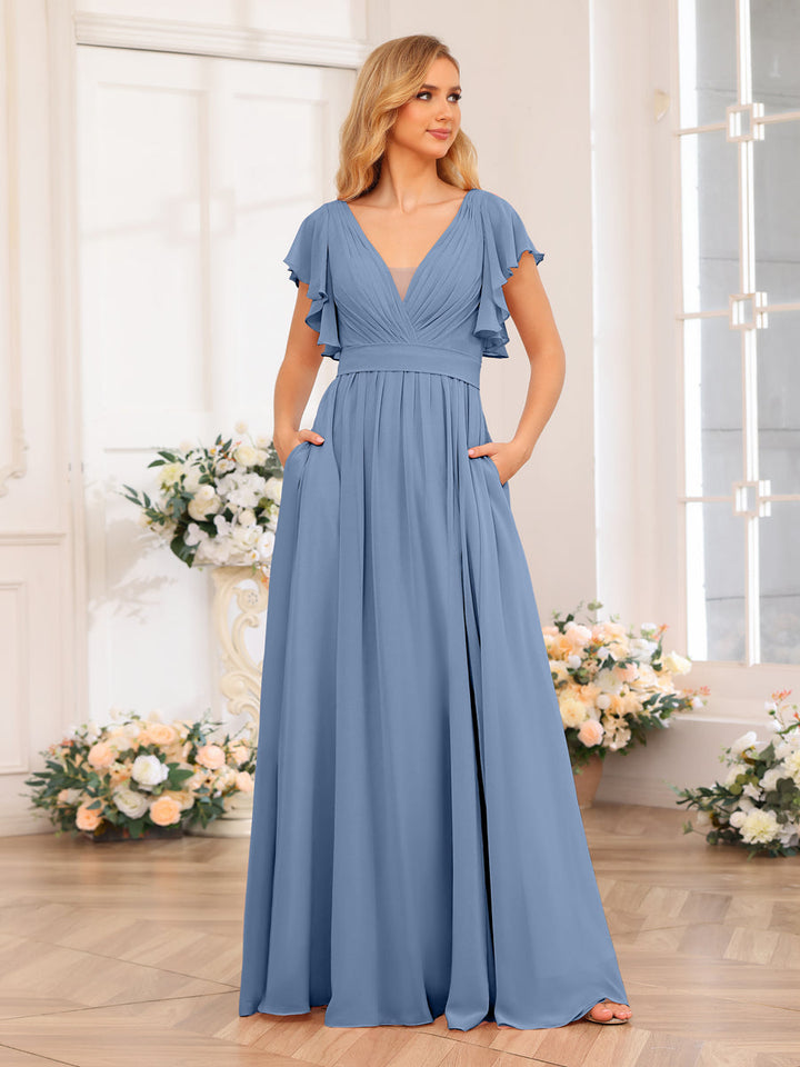 A-Line/Princess V-Neck Long Wedding Party Dresses with Split Side &amp; Pockets