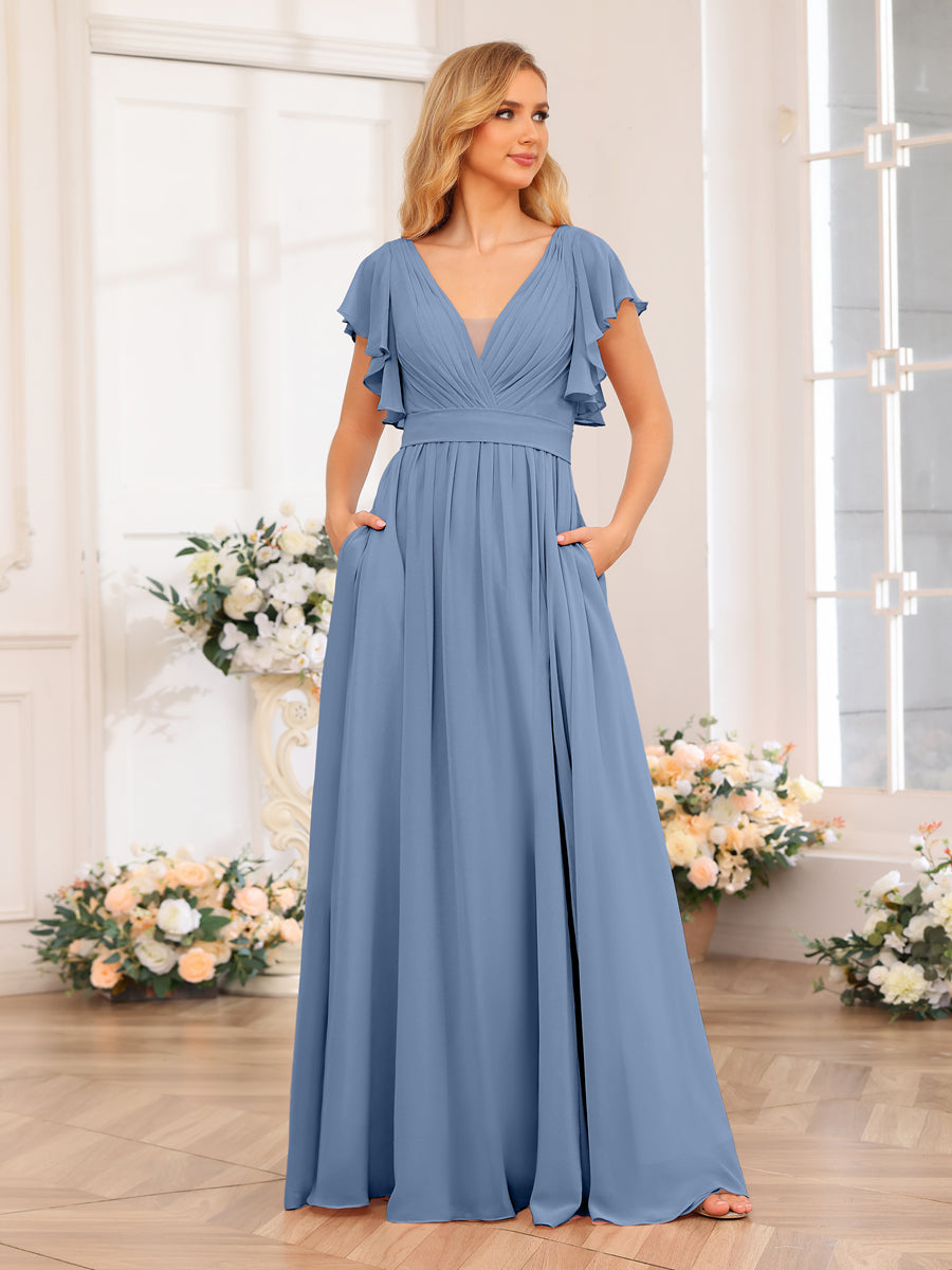 A-Line/Princess V-Neck Long Wedding Party Dresses with Split Side & Pockets