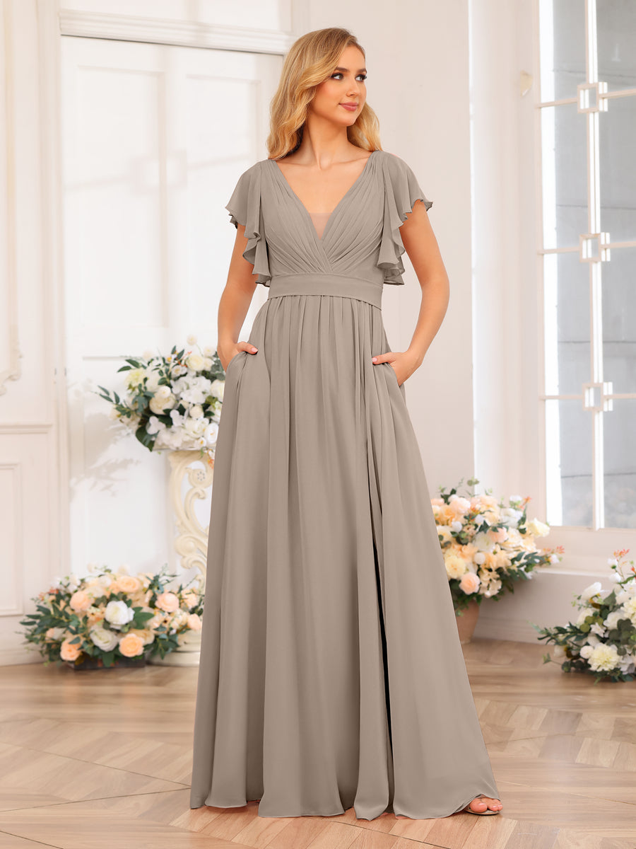 A-Line/Princess V-Neck Long Wedding Party Dresses with Split Side &amp; Pockets
