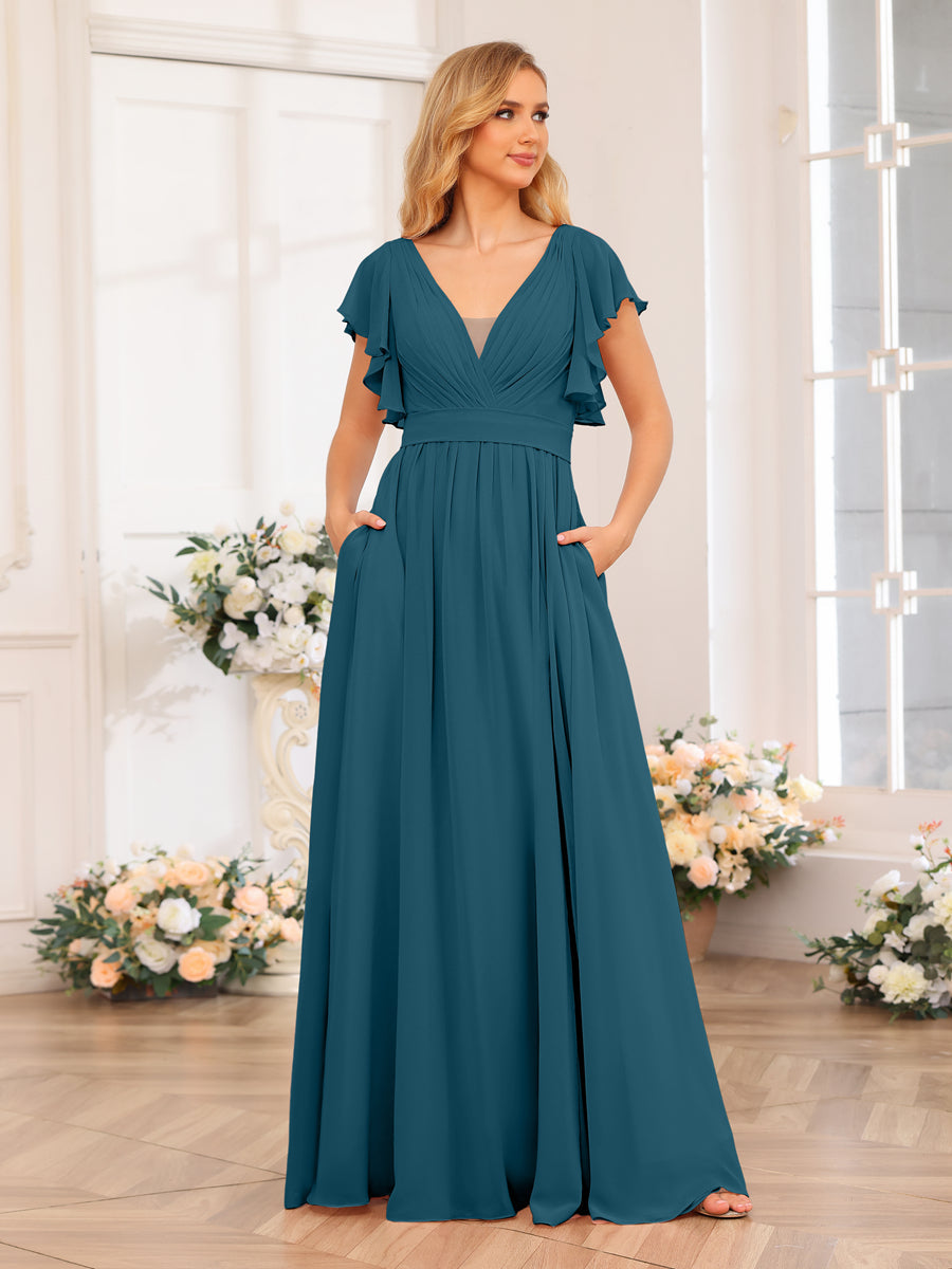 A-Line/Princess V-Neck Long Wedding Party Dresses with Split Side &amp; Pockets