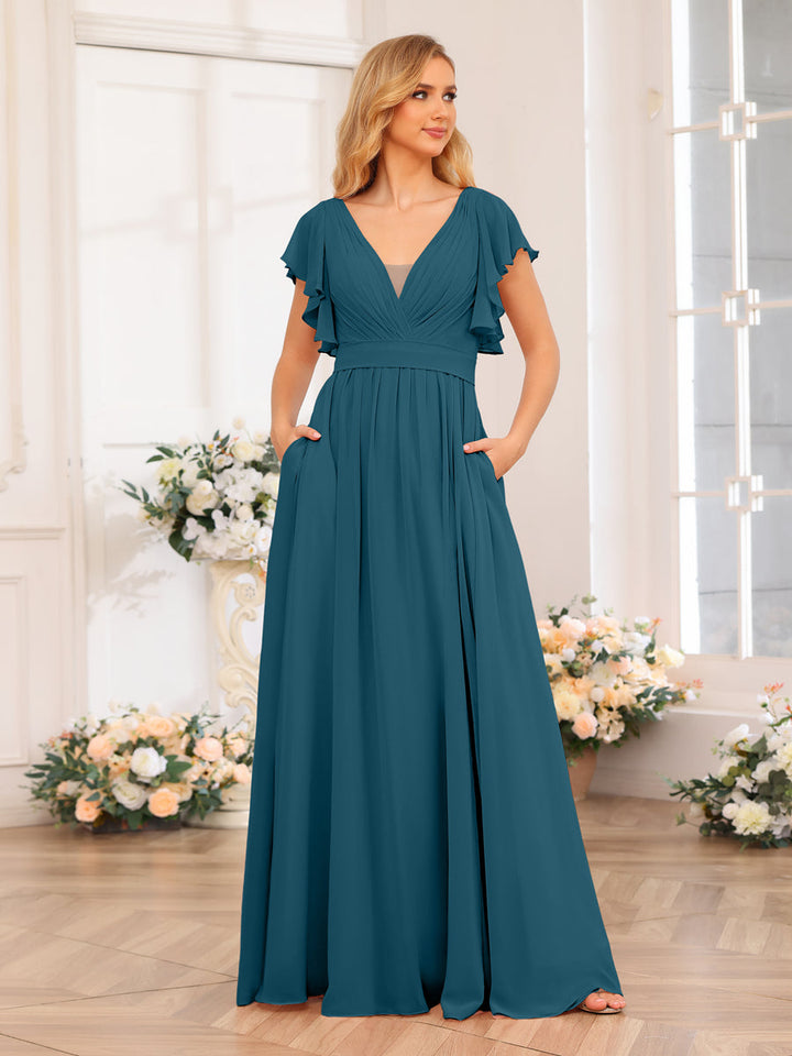 A-Line/Princess V-Neck Long Wedding Party Dresses with Split Side &amp; Pockets