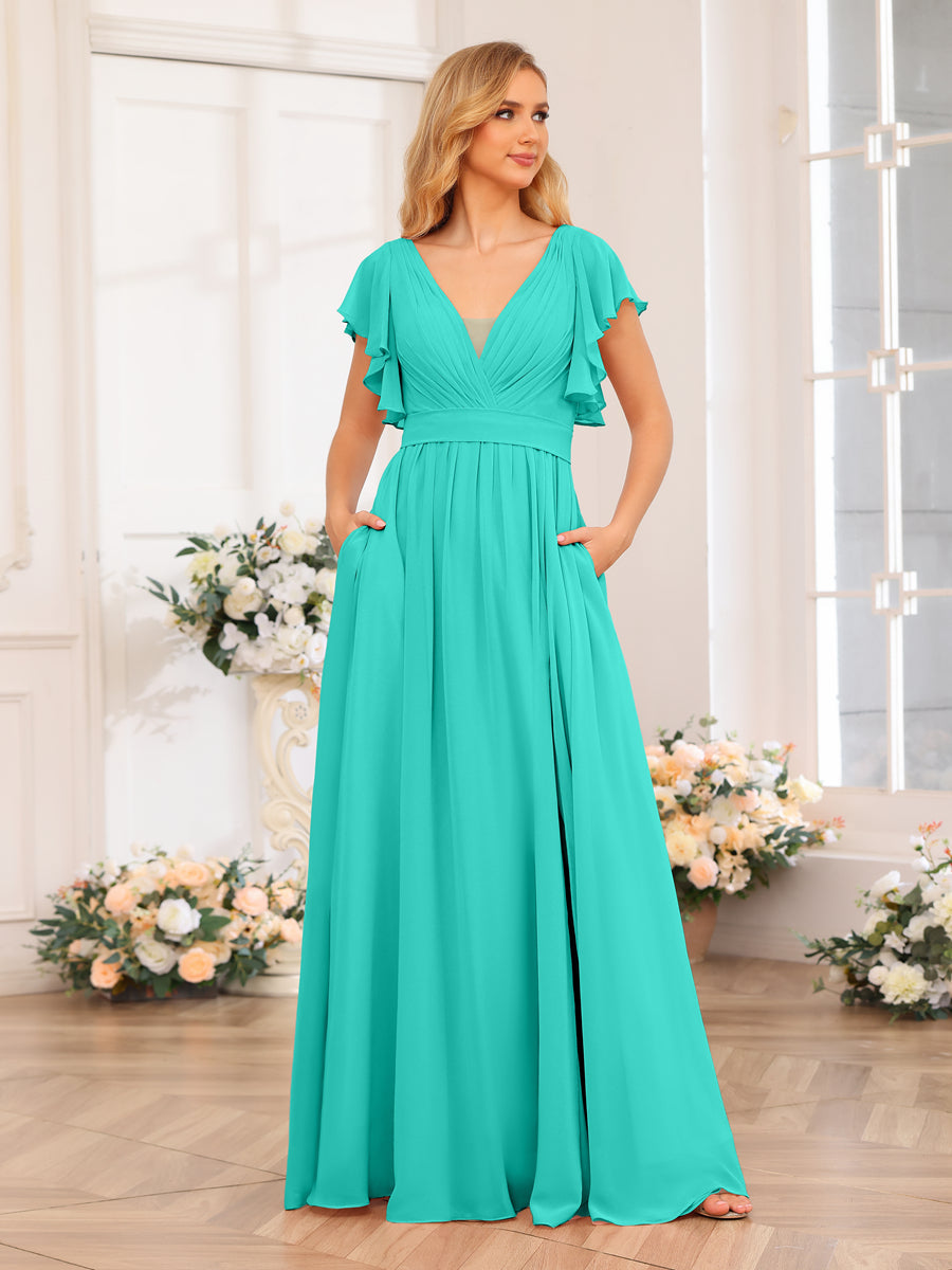 A-Line/Princess V-Neck Long Wedding Party Dresses with Split Side &amp; Pockets