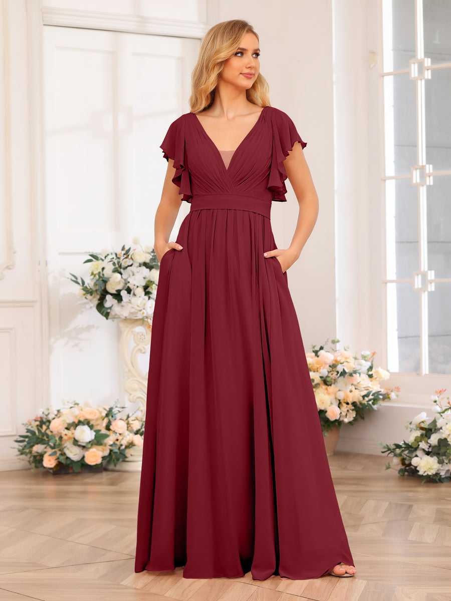 A-Line/Princess V-Neck Long Wedding Party Dresses with Split Side &amp; Pockets