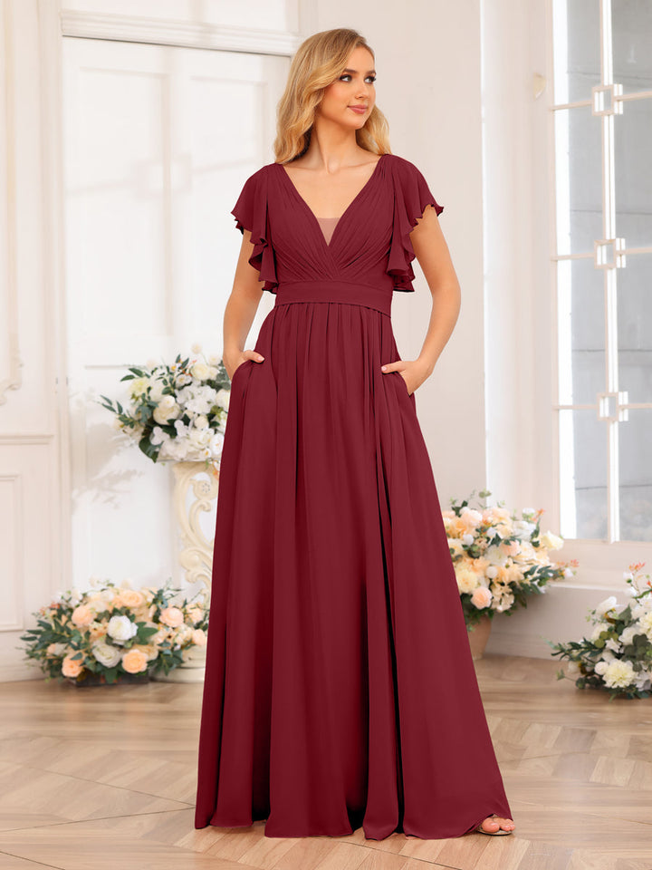 A-Line/Princess V-Neck Long Wedding Party Dresses with Split Side &amp; Pockets
