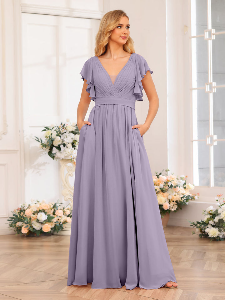 A-Line/Princess V-Neck Long Wedding Party Dresses with Split Side &amp; Pockets