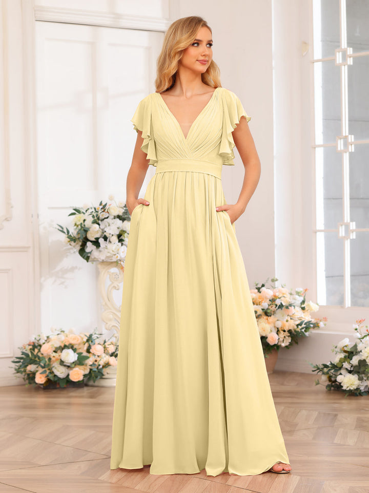 A-Line/Princess V-Neck Long Wedding Party Dresses with Split Side &amp; Pockets