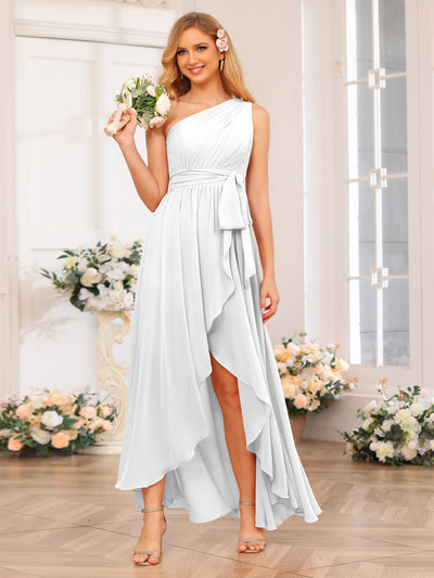 A-Line/Princess One-Shoulder Long Wedding Party Dresses with Sash