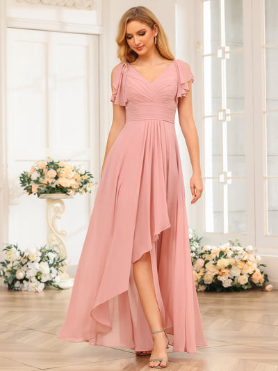 A-Line/Princess V-Neck Long Wedding Party Dresses with Ruffles