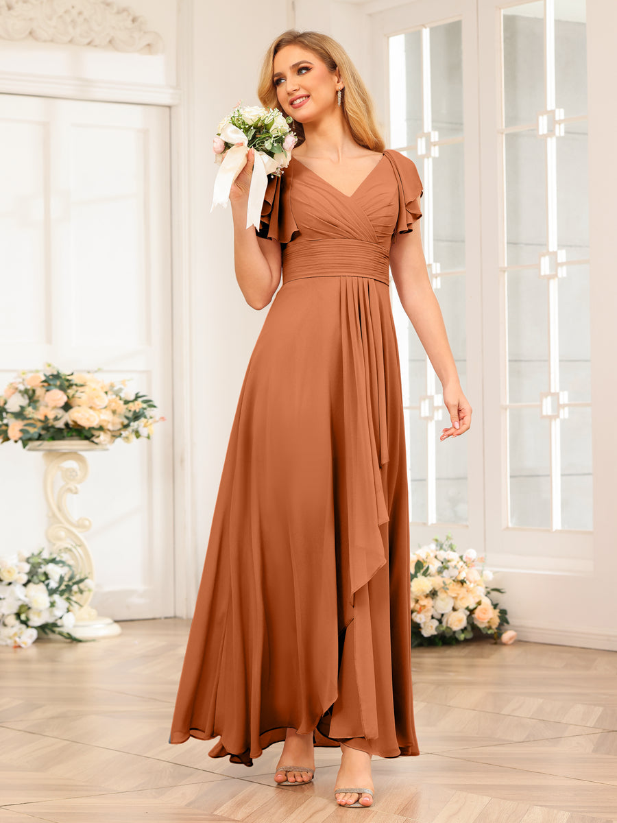 A-Line/Princess V-Neck Long Wedding Party Dresses with Ruffles