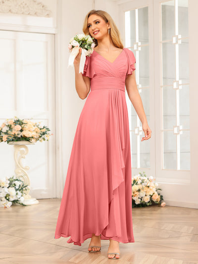 A-Line/Princess V-Neck Long Wedding Party Dresses with Ruffles