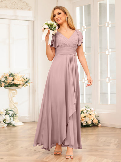 A-Line/Princess V-Neck Long Wedding Party Dresses with Ruffles