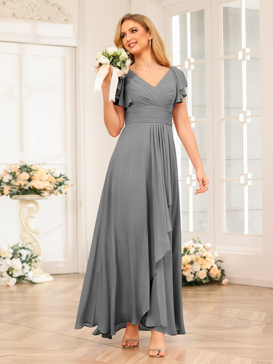 A-Line/Princess V-Neck Long Wedding Party Dresses with Ruffles