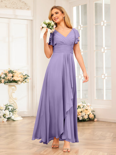 A-Line/Princess V-Neck Long Wedding Party Dresses with Ruffles