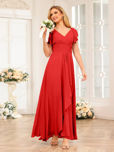 A-Line/Princess V-Neck Long Wedding Party Dresses with Ruffles