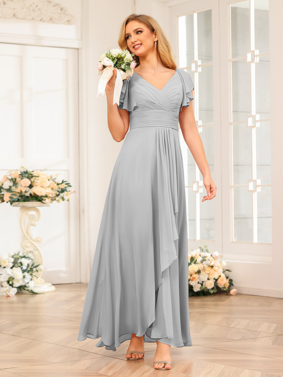 A-Line/Princess V-Neck Long Wedding Party Dresses with Ruffles