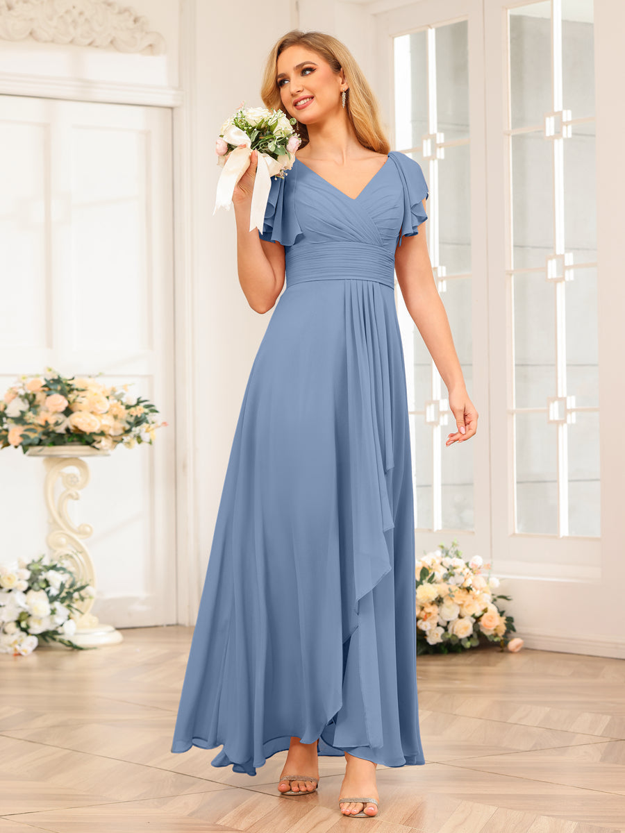 A-Line/Princess V-Neck Long Wedding Party Dresses with Ruffles