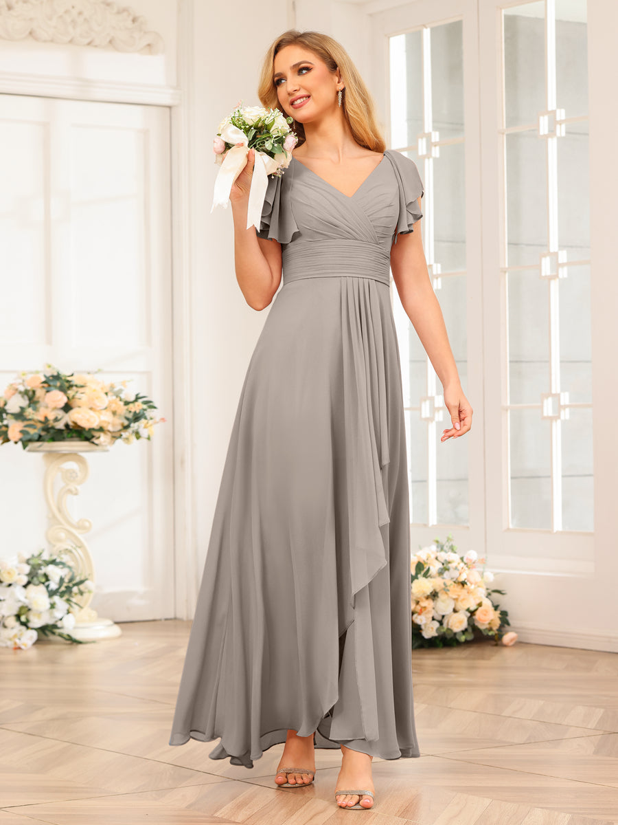 A-Line/Princess V-Neck Long Wedding Party Dresses with Ruffles