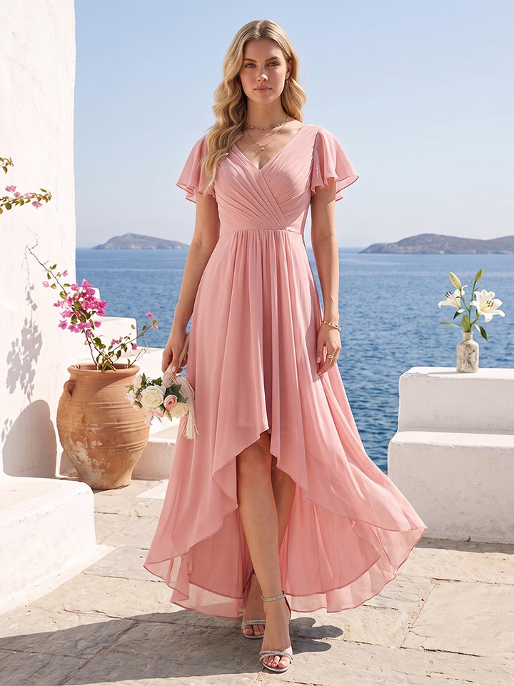 A-Line/Princess V-Neck Long Wedding Party Dresses with Ruffles