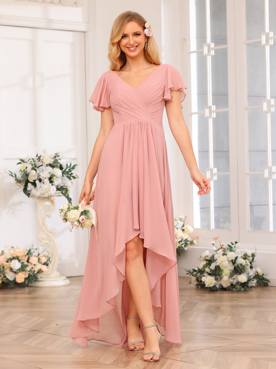 A-Line/Princess V-Neck Long Wedding Party Dresses with Ruffles