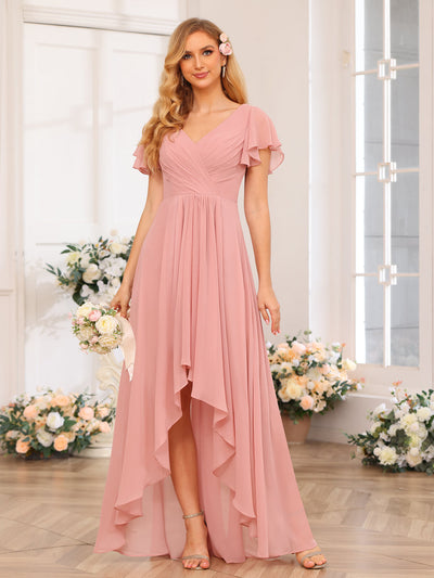 A-Line/Princess V-Neck Long Wedding Party Dresses with Ruffles