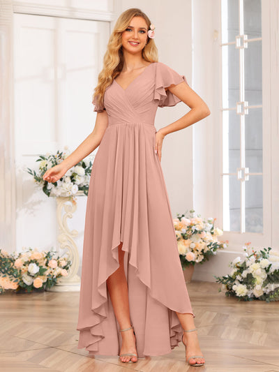 A-Line/Princess V-Neck Long Wedding Party Dresses with Ruffles