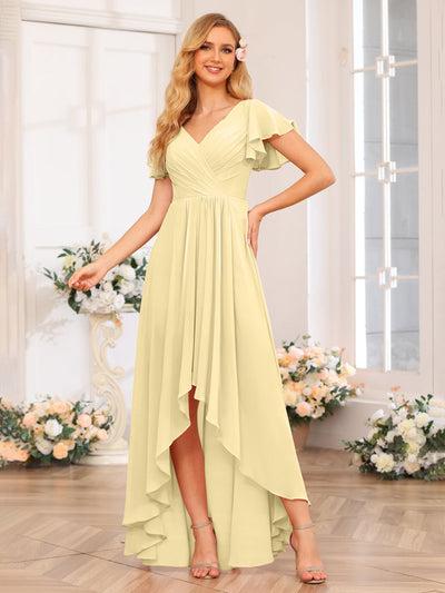 A-Line/Princess V-Neck Long Wedding Party Dresses with Ruffles