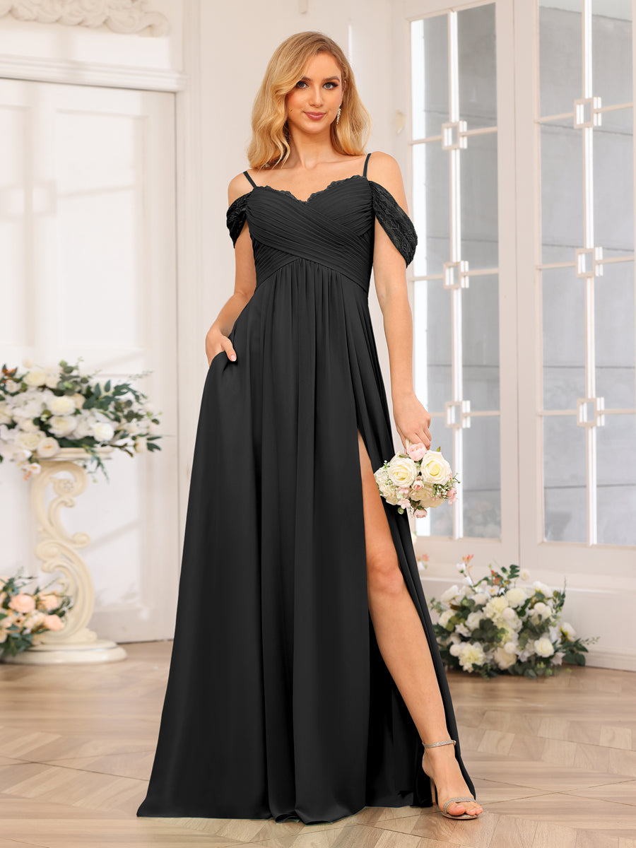A-Line/Princess Spaghetti Straps Long Wedding Party Dresses with Split Side &amp; Pockets