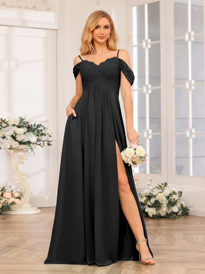 A-Line/Princess Spaghetti Straps Long Wedding Party Dresses with Split Side &amp; Pockets