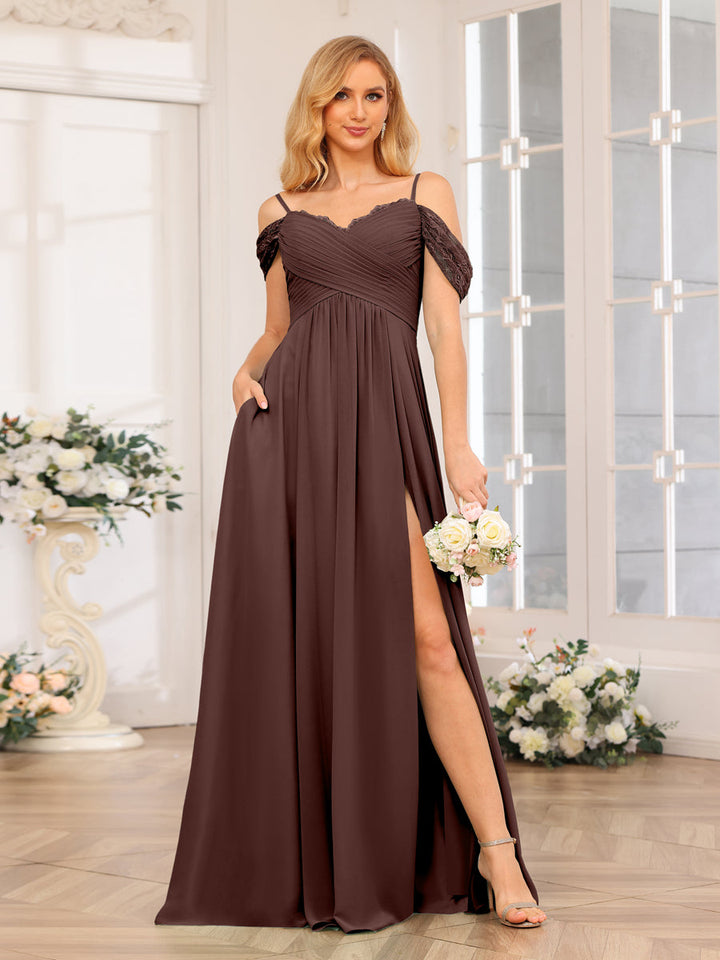 A-Line/Princess Spaghetti Straps Long Wedding Party Dresses with Split Side &amp; Pockets