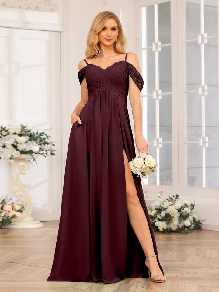 A-Line/Princess Spaghetti Straps Long Wedding Party Dresses with Split Side &amp; Pockets