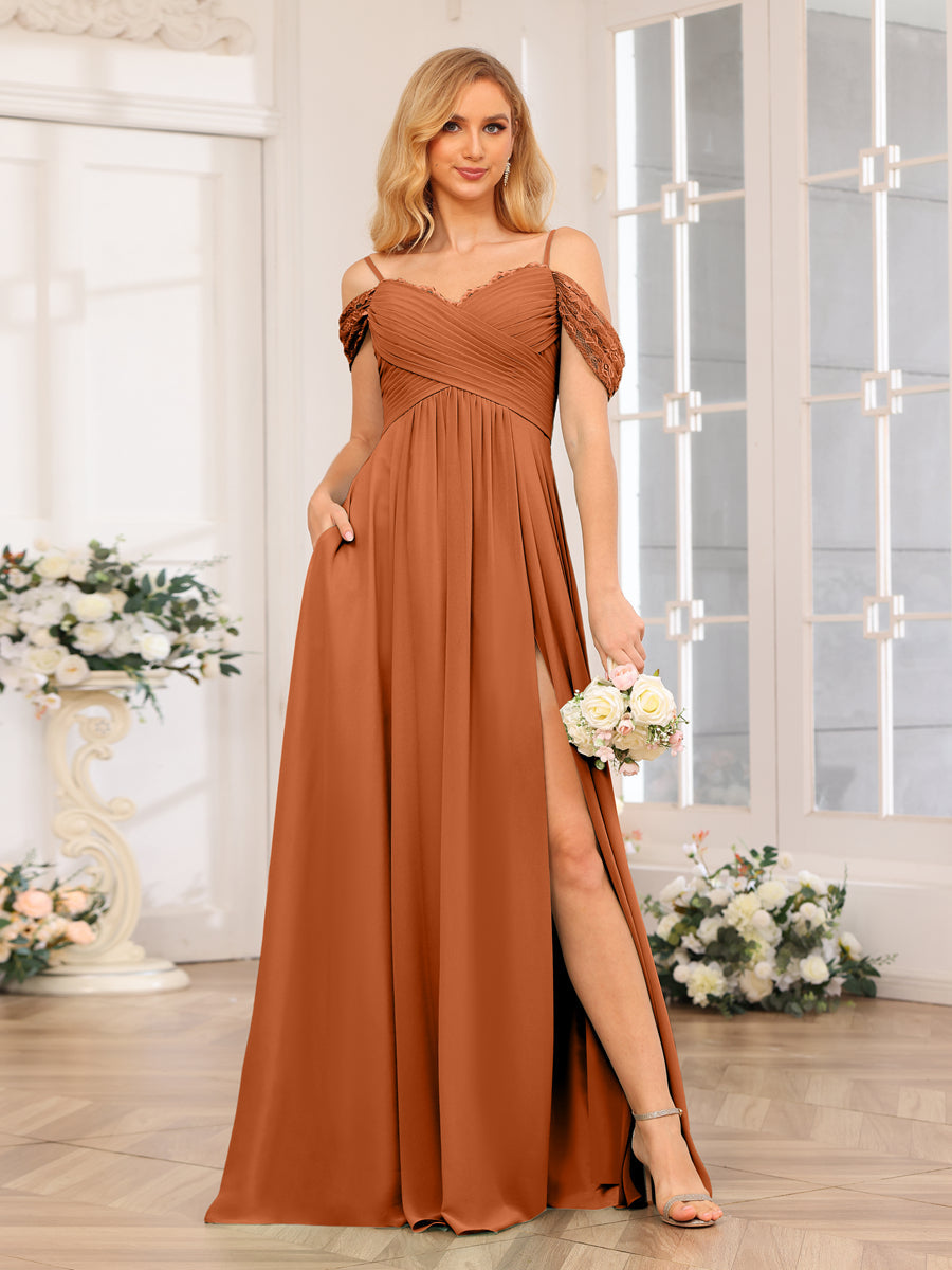 A-Line/Princess Spaghetti Straps Long Wedding Party Dresses with Split Side &amp; Pockets
