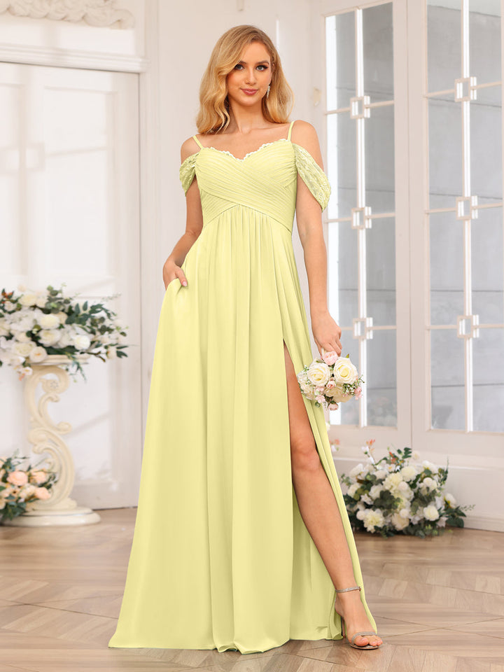 A-Line/Princess Spaghetti Straps Long Wedding Party Dresses with Split Side &amp; Pockets