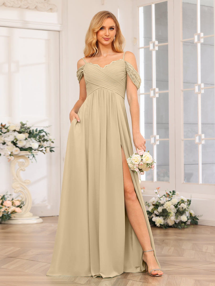 A-Line/Princess Spaghetti Straps Long Wedding Party Dresses with Split Side &amp; Pockets