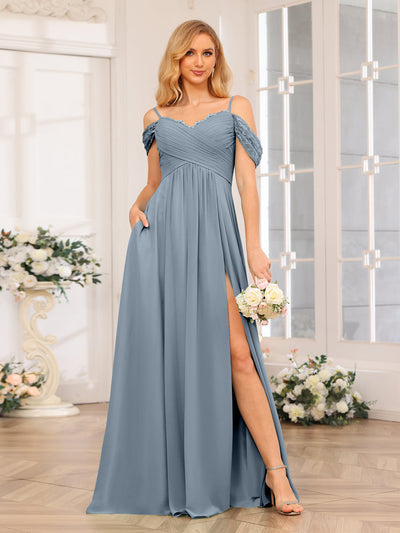 A-Line/Princess Spaghetti Straps Long Wedding Party Dresses with Split Side & Pockets