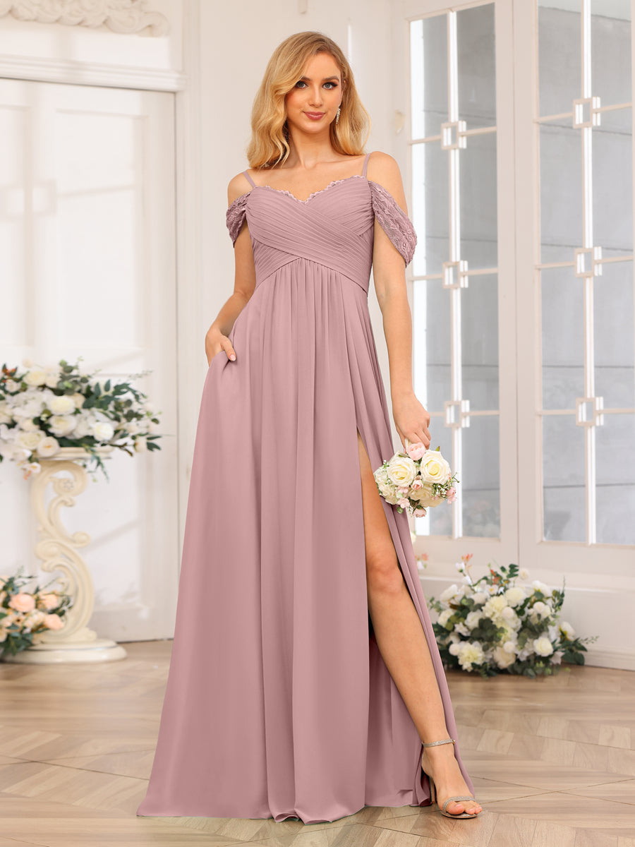 A-Line/Princess Spaghetti Straps Long Wedding Party Dresses with Split Side &amp; Pockets