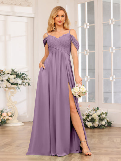 A-Line/Princess Spaghetti Straps Long Wedding Party Dresses with Split Side & Pockets