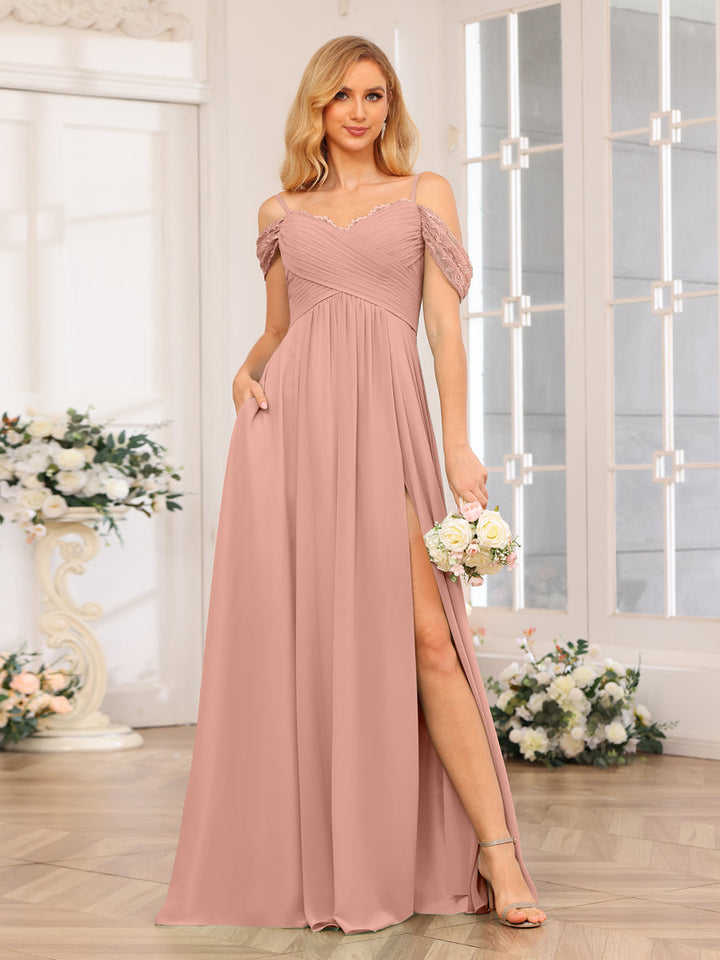 A-Line/Princess Spaghetti Straps Long Wedding Party Dresses with Split Side &amp; Pockets