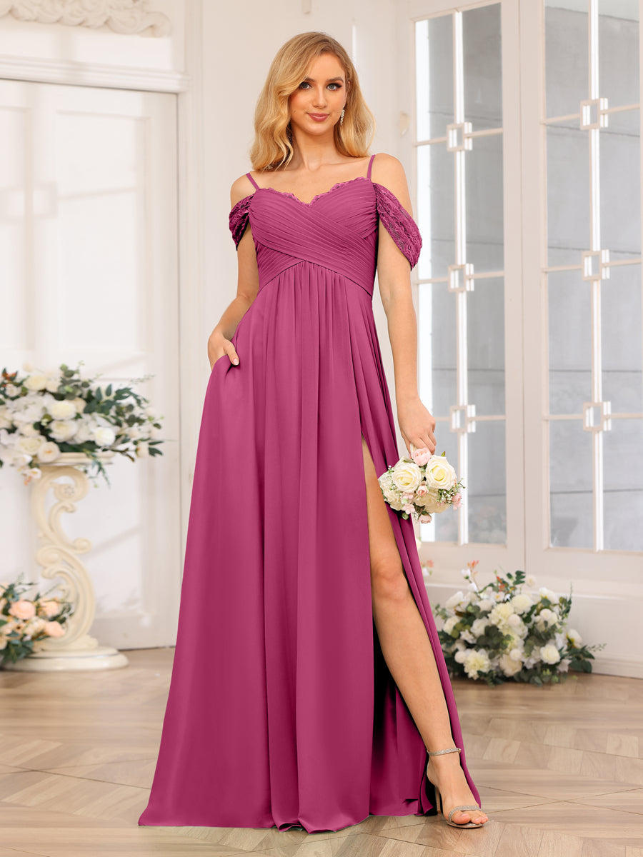A-Line/Princess Spaghetti Straps Long Wedding Party Dresses with Split Side &amp; Pockets